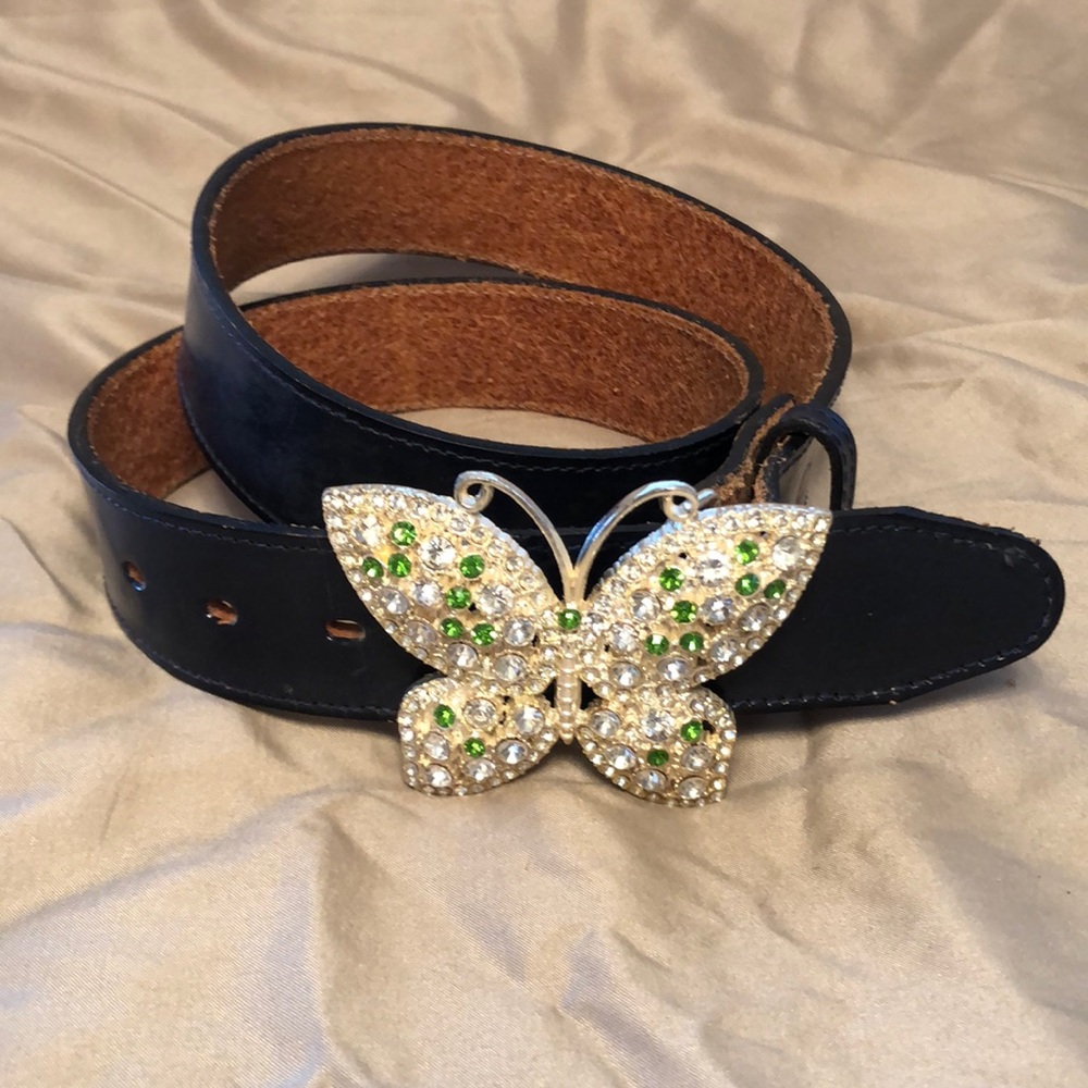 Ladies’ L Navy blue leather 36” rhinestone 🦋belt